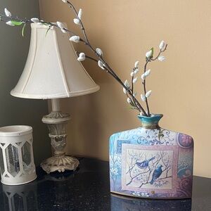 Vintage style flat pillow vase with bird and floral illustration